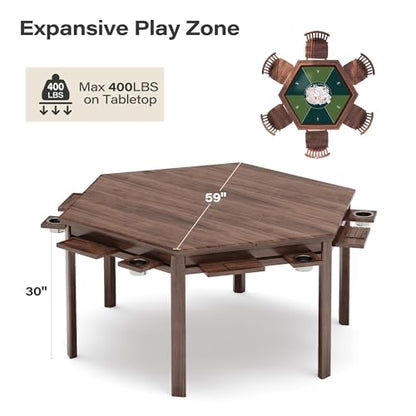 Board Game Table, 59" Hexagon Gaming Table with Removable Table Top & Storage Rack for 6 Players, Includes Detachable Cup Holders and Trays for Dining, Card, DND, Poker in Walnut - size: Hex w/Storage Rack