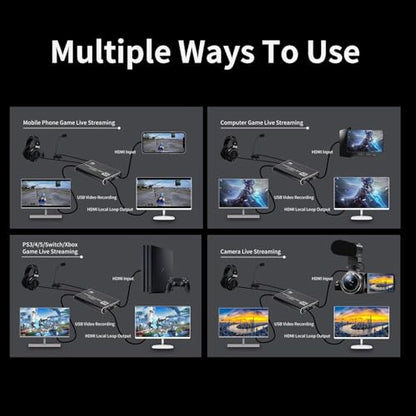 4K HDMI Video Capture Card, Plug & Play USB 3.0 Gaming Capture Card with Microphone - No Driver Needed for PC/Mac, 1080P 60FPS for Nintendo Switch, PS5, PS4, Xbox, OBS Streaming