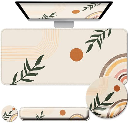 Desk Mat Set Keyboard and Mouse Pad with Wrist Rest Support | Ergonomic,Pain Relief, 4-in-1 Large Big Mousepad Computer Mats,Desk Pad Matt Mats for Desktop Home & Office - color: N_Bobo Leaves