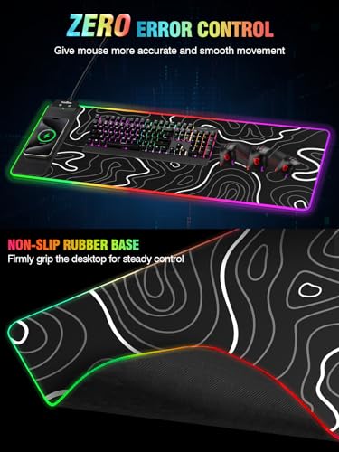 Wireless Charging RGB Gaming Mouse Pad, 31.5"x15.7" XXL Large Desk Mat | Desk Pad for Gamer, 9 Light Modes, Non-Slip Rubber Base, Waterproof Computer Keyboard Mat, Black and Topographic Line - color: Black-white Topographic Line