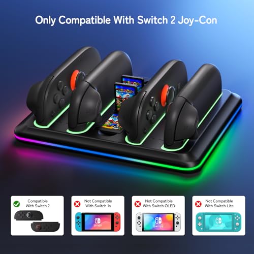 Controller Charging Dock for Switch 2 Joy-Con with RGB Light - 4-in-1 Fast Charger Station for Nintendo Switch 2 Controllers - Magnetic Auto-Align Base with 4 Game Card Slots & LED Indicators