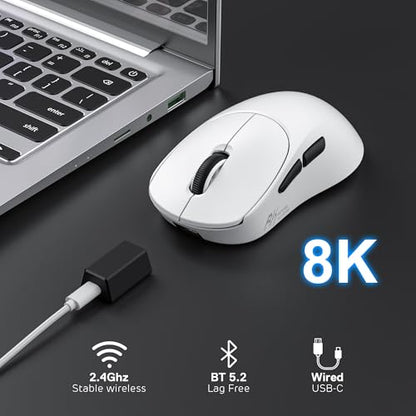 RK ROYAL KLUDGE MG5 8K Wireless Gaming Mouse 42000 DPI PAW3950 Sensor | 56g Lightweight Ergonomic Computer Mouse, Dual 8000Hz Polling Rate, 2.4GHz/BT/USB-C, Gaming Accessories for PC/Laptop/Mac - color: White