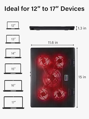 Kootek Laptop Cooling Pad Cooler Stand with 5 Quiet Fans for 12"-17" Laptop | 5 Fans, USB Powered, Laptop Cooling Stand with 2 USB Hub, 6 Adjustable Height, 360° Cooling Coverage, Anti-Slip, Red LED - color: Red