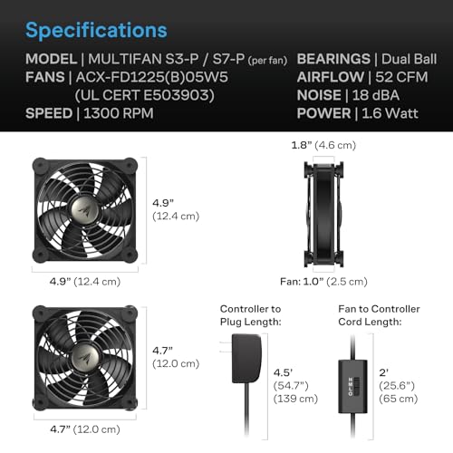 AC Infinity MULTIFAN S7-P, Quiet Dual 120mm AC-Powered Fan | With Speed Control, UL-Certified for Receiver DVR PlayStation Xbox Component Cooling - size: S7-P