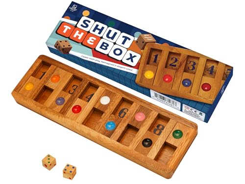 BSIRI Classic Shut The Box Game Wooden 12 Numbers with Math Lover Player Wood Box of Brain Teaser Puzzles Single Player Original Wood Dice and Close flip Number Board Games Adults Travel Mini Size - style: Shut the Box Game
