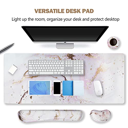 ARTSO Large Gaming Mouse Pad, Keyboard Wrist Rest Pad & Wrist Support Mousepad Set, Stitched Edge, Extended, Non-Slip Base, Memory Foam,Multifunctional Desk Mat 4pcs for Office & Home, Pink Marble - color: Pink Marble