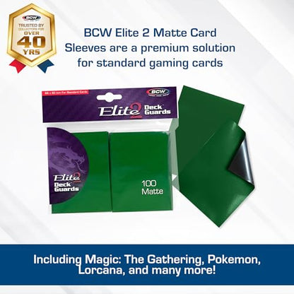 BCW Elite2 Matte Card Sleeves – Green | Anti-Glare Front | Textured Back | Fits Standard 2.5" x 3.5" Cards - 100 Pack - color: Green