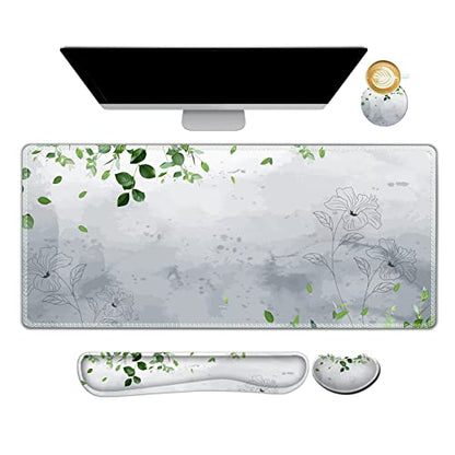 ARTSO Gaming Mouse Pad Wrist Support Set, XXL Large Desk Mat Mousepad + Keyboard Wrist Support+ Mouse Wrist Rest+Coaster 4in1 Ergonomic, Memory Foam -Green Leaves and Line Flower - color: Green leaves and Line Flower