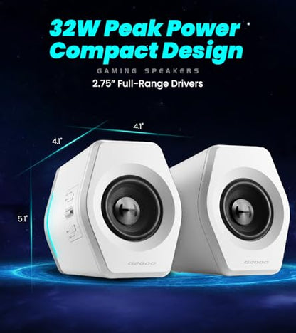 Edifier Hecate RGB Gaming Speakers, 32W Peak Power, Bluetooth 5.1, Game/Movie/Music Modes, 12 RGB Lighting Effects, Compact Design for PC/PS4/Desktop - White | Game/Movie/Music Modes, 12 RGB Lighting Effects, Compact Design for PC/PS4/Desktop, 2.75" Full-