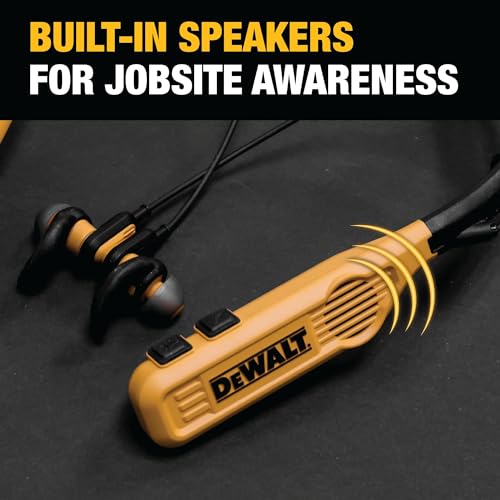 DEWALT 튼튼한 투인원 넥밴드 블루투스 헤드폰, 내장 스피커 포함, Jobsite 웨어러블 스피커 및 어라운드 넥 헤드폰, 무선 블루투스 헤드셋, 60시간 이상 핸즈프리 음악/통화, 휴대용 파우치 - color: 옐로우와 블랙.