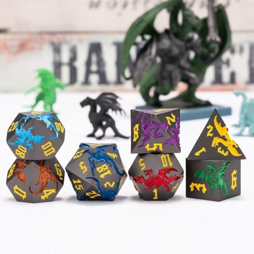 Metallic DND Dragon Dice Set,Metal Polyhedral Dice with Dragon for Dungeons and Dragons RPG TTRPG D&D 7-Die Set with Gift Case - color: Pearl Gun 7 Colors