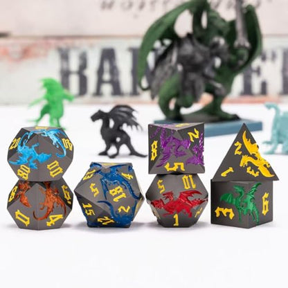 Metallic DND Dragon Dice Set,Metal Polyhedral Dice with Dragon for Dungeons and Dragons RPG TTRPG D&D 7-Die Set with Gift Case - color: Pearl Gun 7 Colors