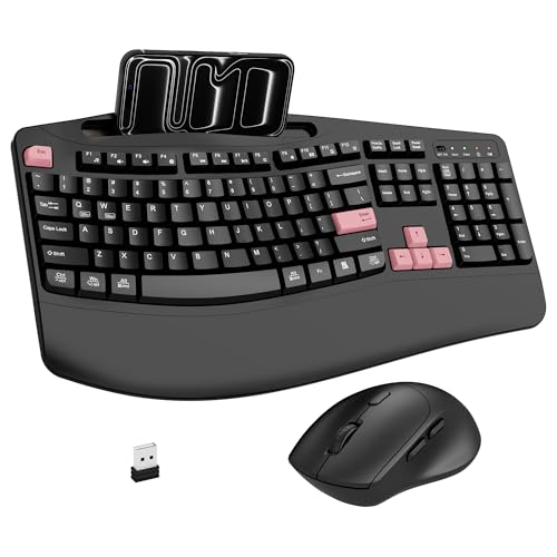 Wireless Keyboard and Mouse Combo, Full Size Ergonomic Wave Keys(Pink-B) | 2.4G Ergonomic Keyboard with Wrist Rest, Phone Holder, 3-Level DPI Silent Mouse with 6-Buttons, for Windows/Mac OS/Laptop/PC - color: Pink
