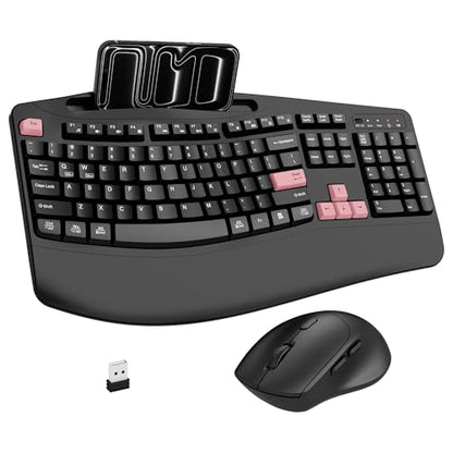 Wireless Keyboard and Mouse Combo, Full Size Ergonomic Wave Keys(Pink-B) | 2.4G Ergonomic Keyboard with Wrist Rest, Phone Holder, 3-Level DPI Silent Mouse with 6-Buttons, for Windows/Mac OS/Laptop/PC - color: Pink