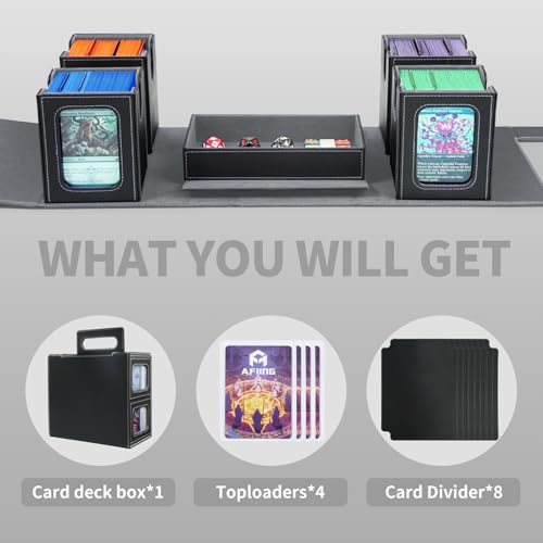 AFIING Commander Deck Box for MTG/EDH, Fits 400+ Double-Sleeved Cards, with Display Window, 4 Removable Deck Cases, Dividers, Dice Tray & Handle, Card Holders for TCG (Black Grey) - color: Black Grey