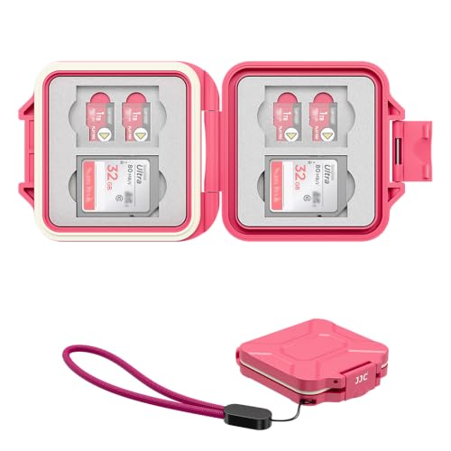 JJC Small SD Card Case Holder for 4 SD & 8 Micro SD Memory Cards, Hot Pink | 12 Slots, Slim & Lightweight Design, Water-Resistant & Shockproof, Soft EVA Interior, Includes Wrist Strap, Easy to Carry - size: Hot Pink/For 4 SD+8 Micro SD