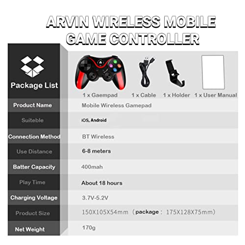 arVin Mobile Game Controller for iPhone & Android with Phone Holder, Bluetooth Gamepad Joystick for iPhone 15/14/13/12/11, iOS, iPad, Samsung Galaxy S23/S22/S21 Ultra, One Plus, Tablet, Call of Duty - color: Red