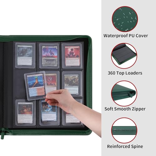 Snekdy Top loader Binder, 9 Pockets Top Loader，Holds 360 Top Loaders cards, Card binder with Sleeves for card in 3 x 4 inch color smooth Zipper PU Leather (Green) - color: Green