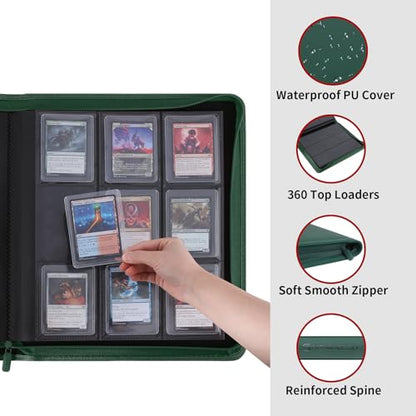 Snekdy Top loader Binder, 9 Pockets Top Loader，Holds 360 Top Loaders cards, Card binder with Sleeves for card in 3 x 4 inch color smooth Zipper PU Leather (Green) - color: Green