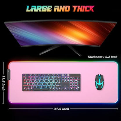 ITNRSIIET RGB Gaming Mouse Pad, Full Desk XL Extended Large Gaming Mousepad, 12 Lighting Modes 30% Thicker Big LED Desk Mat for Gamers, 32 x 12 inches, Pink - color: Pink