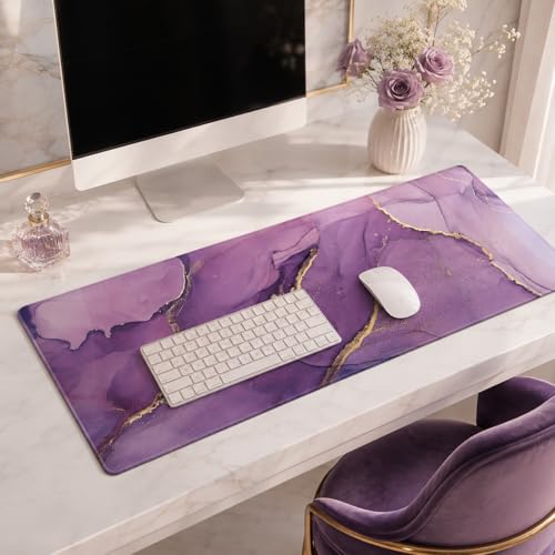 Purple Marble Desk Mat 35.4x15.7 Inch, Large Extended Mouse Pad with Gold Fluid Art Design, Non-Slip Water-Resistant Desk Pad for Women, Home Office & Aesthetic Setup - color: Purple Marble