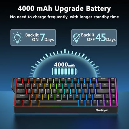 BlueFinger 60% Wireless Mechanical Gaming Keyboard, Bluetooth/2.4G/USB-C Hot Swappable RGB Backlit Keyboard with Side-Printed PBT Keycaps, for MAC Xbox PC PS5 (Black) - color: Black