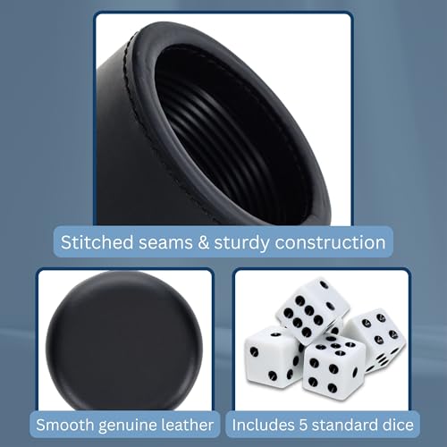WE Games Professional Handmade Black Leather Dice Cup Set, Comes with 5 Standard Game Dice & Cloth Bag, Dice Roller for Liars Dice Farkle & Board Games, Durable Stitched Dice Cups - color: Black, size: Standard (16mm)