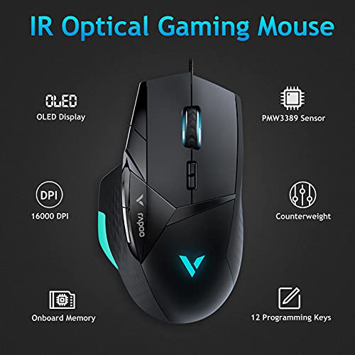 RAPOO VT900 Wired Gaming Mouse, 16K DPI Optical Sensor, IR Optical Gaming Mouse, Customize OLED Display Ergonomic Mouse, Onboard Memory with 10 Programmable Buttons, Adjustable Counter Weight, Black
