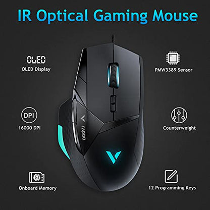 RAPOO VT900 Wired Gaming Mouse, 16K DPI Optical Sensor, IR Optical Gaming Mouse, Customize OLED Display Ergonomic Mouse, Onboard Memory with 10 Programmable Buttons, Adjustable Counter Weight, Black
