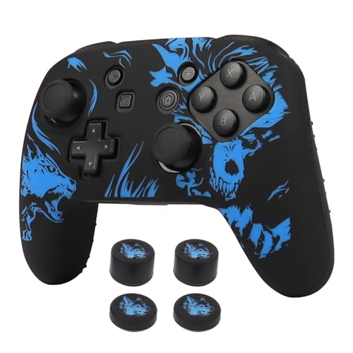 Wolf Controller Skin Cover for NS Switch Pro Controller, RALAN 1 Controller Skin+4 Customised Thumb Grips Caps Accessories - color: Wolf Black Blue