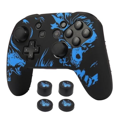 Wolf Controller Skin Cover for NS Switch Pro Controller, RALAN 1 Controller Skin+4 Customised Thumb Grips Caps Accessories - color: Wolf Black Blue