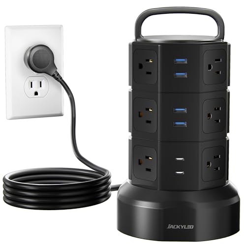Power Strip Tower Surge Protector, JACKYLED 1625W 13A Outlet Surge Electric Tower, 12 Outlets 6 USB Ports Charging Station with 16AWG 6.5ft Heavy Duty Extension Cord for Home Office Dorm Black - color: Black, size: Medium-6.5ft