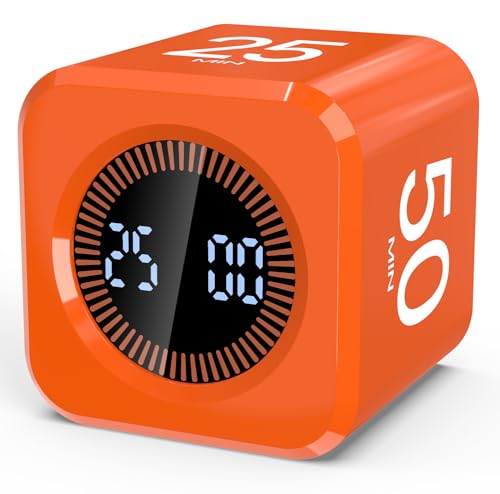 Digital Pomodoro Timer Cube 5/10/25/50min Preset, Silent & Sound Alarm | Visual Productivity Flip Timer for Kids Classroom Desk, Custom Countdown, Gravity Sensor, for ADHD Study Work Game Kitchen - color: Orange