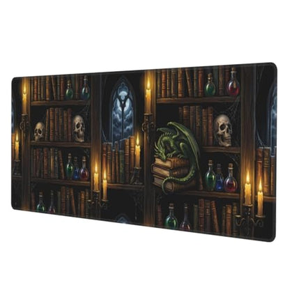 Wizard Library Large Gaming Mouse Pad 31.5 x 11.8 in Gothic Dragon & Magic Potions Desk Mat - Extended Non-Slip Rubber Base with Stitched Edges for Office & Home - color: 19