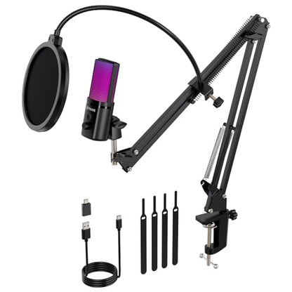 Gaming USB Microphone, RGB Condenser mic with Mute, Gain, Monitoring, Boom Arm for Streaming, Podcast, Twitch, YouTube, PC, Computer, PS5, (M160+) - style: Mic with Boom Arm