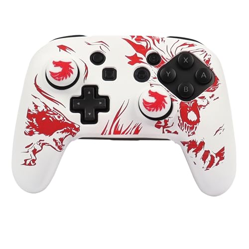 Wolf Controller Skin Cover for NS Switch Pro Controller, RALAN 1 Controller Skin+4 Customised Thumb Grips Caps Accessories - color: Wolf White Red