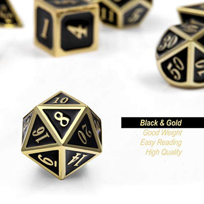 DNDND Metal Dice Set D&D, 7 die Metallic Polyhedral Dice Set with Gift Metal Box and Gold Number for DND Dungeons and Dragons Role Playing Games (Black and Gold) - color: Black With Gold