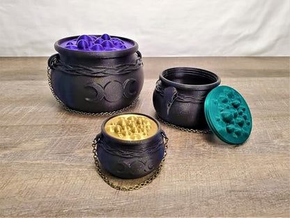 Witch's Cauldron Bowl with Bubbling Potion Lid and Chain - Spooky Halloween Goth Decor - RPG Dice Holder Stash Storage (4in Raven Skull) - size: 4in Raven Skull