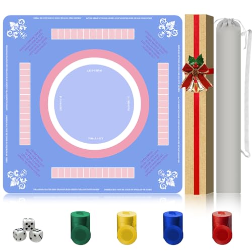 Mahjong Mat Noise Reduction Non-Slip, American Mahjong Mat for Table with 3 Dice & Carrying Bag, Waterproof Surface Mah Jongg Mats for Poker, Card, Dominoes, Board & Tile Games (Blue)