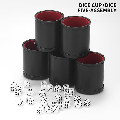 5 Pack PU Leather Dice Cup Set with 6 Dot Dices Felt Lined Quiet Shaker for Yahtzee Bar Party Family Dice Games,Red/Black - color: Red
