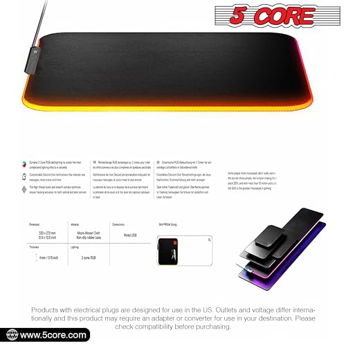 5 CORE RGB Gaming Mouse Pad Medium 11.8x9.8 Inch 12 LED Lighting Modes Desk Mouse Mat Non-Slip Rubber Base Waterproof Mousepad for Gaming MP 300 RGB