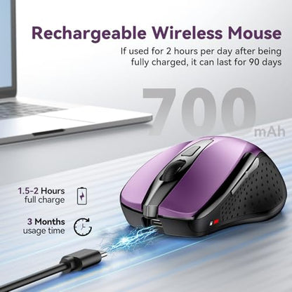 TechRise Bluetooth Mouse (BT5.0/3.0 & 2.4G) Rechargeable Wireless Mouse, 4800 DPI Optical Tracking, 6 Adjustable DPI, 2.4GHz with USB A Receiver, Quiet Clicks, Ergonomic Grips, 6 Buttons - Purple - color: Purple