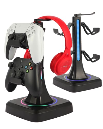 Controller Headset Stand for PS5, Xbox, Switch | 10 RGB light modes,Universal compatibility,360° rotatable headphone holder,Stable,Scratch protection,Easy assemble,Gamer gift