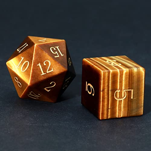 Haxtec Tiger's Eye Gemstone DND Dice Set Natural Stone Polyhedral Dice W/Premium Dice Case Compatible with Dungeons and Dragons Role Playing Board Games D&D Gift - color: Brown Gold