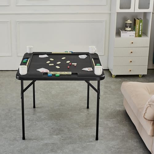 VEVOR Folding Card Table, 4 Player Portable with 4 Cup Holders & Chip Trays, Mahjong Domino Game Set, 35.4 x 35.4-inch, Black - color: Black