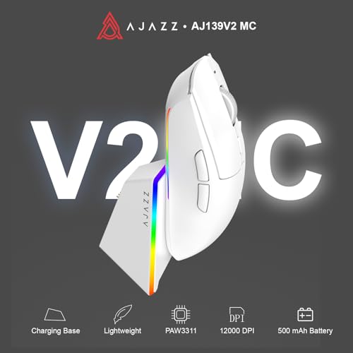 AJAZZ AJ139 V2 MC Wireless Gaming Mouse with RGB Charging Dock, 66g Ultra-Lightweight Tri-Mode Optical Mouse, 12000 DPI PAW3311 Sensor, Ergonomic Rechargeable Gaming Mouse for PC/Mac - White - color: White