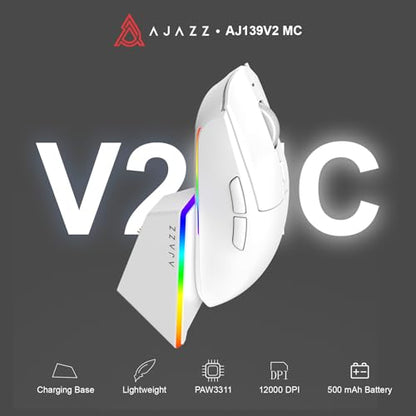 AJAZZ AJ139 V2 MC Wireless Gaming Mouse with RGB Charging Dock, 66g Ultra-Lightweight Tri-Mode Optical Mouse, 12000 DPI PAW3311 Sensor, Ergonomic Rechargeable Gaming Mouse for PC/Mac - White - color: White
