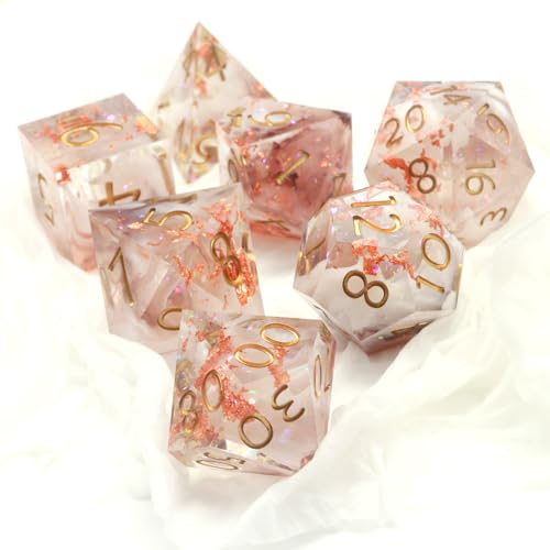 Haxtec Sharp Edge Dice Set Resin DND Dice Set Glitter Clear Polyhedral D&D Dice Compatible with Dungeons and Dragons Star Dust - color: Rosegold White