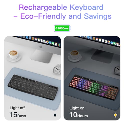 TECURS Wireless Gaming Keyboard - Light Up, Silent, Ultra Slim Full Size, LED Backlit 2.4G with Multimedia Keys for Mac & Windows
