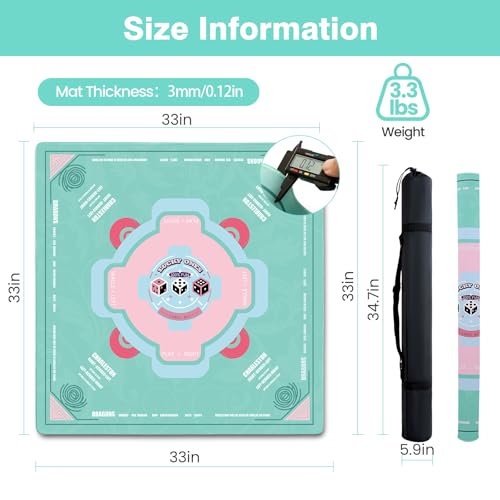 Mahjong Mat - (33"x33") American Mah jongg Mat for Table with Rules (Green) | Noise Reduction Non-Slip Mahjong Table Mat + Carrying Bag & 3 Dice, Neoprene Gaming Pad for Mah jong Tile/Card/Dominoes Games - color: Green